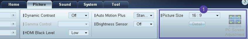 3 MDC 사용하기 Size Picture Size 선택된디스플레이장치의화면크기를조정합니다. Picture Size 중상세설정을지원하지않는값은 Detail 항목이비활성화됩니다. -/+ 버튼으로 Zoom을조정할수있습니다.