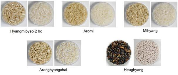 176 Chog et al. Fig. 1. Whole grain (left) and polished aromatic rice (right) cultivars. (Oh et al., 015).,, 1,, (Son et al., 00).