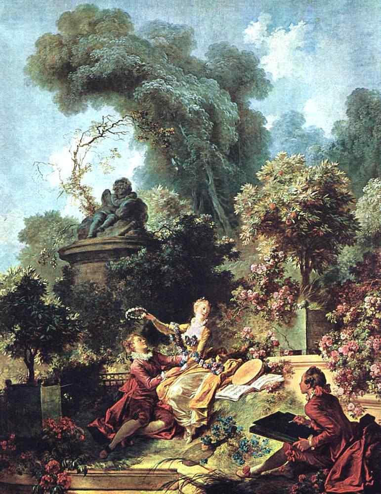 사랑의왕관 - 프라고나르이탈리아희극배우들 - 와토, 1720 년 와토의작품중대부분이궁정에 서연기를했던이탈리아혹은 프랑스출신의배우들을그리고 있다.