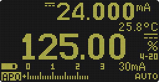 2 측정수행 그림 2-35 4-20mA % 스케일표시 아날로그막대그래프에는전류측정값이표시됩니다. ( 위예에서는, 4-20mA % 스케일에서 24mA 가 125% 로표시됩니다.) 표 2-19 % 스케일측정범위 4-20mA 또는 0-20mA 의 % 스케일 999.99% 9999.
