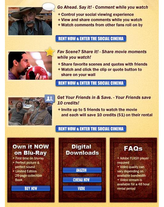 그림 3] Big Lebowski의 페이스북 대여 서비스 화면 [ 자료: The Big Lebowski 페이스북 페이지 Miramax도 Miramax experience라는 앱을 출시하여 미국, 영국, 터키에서 페이스 북을 통해 영화를 대여하는 서비스를 8월부터 시작하였으며, 현재 Chicago, Kill Bill, Pulp