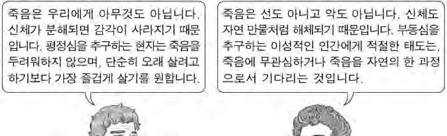 4 사회탐구영역 ( 윤리와사상 ) 16. 그림은고대서양사상가갑, 을의가상대화이다. 갑, 을의입장으로옳은것은? 1 갑 : 쾌락을누리면서도불안이없는평온한상태는불가능하다. 2 갑 : 죽음은인간이두려워해야할감각적인경험의대상이다. 3 을 : 불행은사건자체가아닌사건에대한자신의정념에서비롯된다. 4 을 : 이성적판단에따른행동을통해운명을변화시켜야한다.