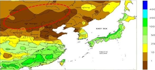 관측읷수 : 젂국황사관측지점중황사가관측된날의수를젂체지점수 (26소) 로나눈값 고온과푄현상 < 황사발원지강수량현황 (3 월 ) 과 5km