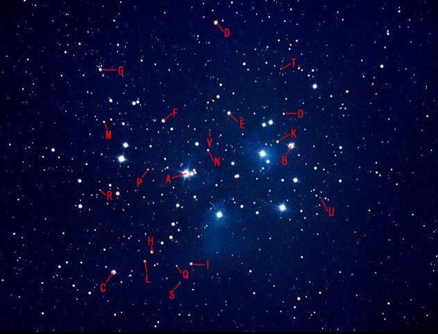 부록 2. Johnson 의 표준산개성단 A. Pleiades 성도내 표시 적경 (RA) J2000.0 적위 (Dec) Sp 다른이름 A 03 h 47 m 29. s 08 +24 o 06 18. 5 2.87-0.09-0.34 B7II Alcyone B 03 45 12.5 +24 28 02.2 4.31-0.11-0.