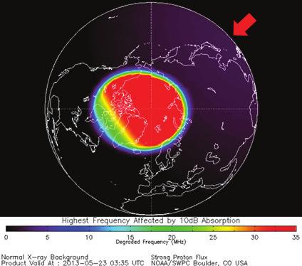 우주기상의연구현황및발전방향 발생한 SPE 로인해발생한 PCA 현상 을전리권흡수최대주파수값으로표 현한것이다. 해당값은각지점에서 [ 그림 2] 2013 년 5 월 23 일발생한 SPE 에의해생긴극지역전파흡수 (PCA) 현상. 최대주파수가 30 MHz 이상인지역에서는단파통신이두절된다. 빨간화살표는태양방향임 (NOAA/SWPC).