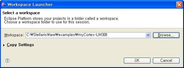 mycortex-lm308 예제펌웨어소스디버깅소스레벨디버깅을하기위해서는이클립스를이용해야만합니다. 우선 eclipse 에서 C:\StellarisWare\examples\myCortex-LM308 폴더로 workspace 를전환합니다.