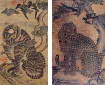 [Bên trái: hojakdo-thế kỉ 18- viện mỹ thuật Hoam, bên phải: taehojakdo- thời hậu jochon] Trong tranh thần núi thường hóa thân thành một cây thông xanh tốt, đôi chim khách là sứ giả giúp thần núi