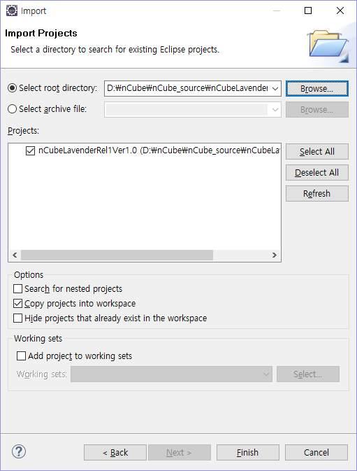 그리고 eclipse 에 import 시킨다. eclipse 에 import 시키는방법은아래와같다. > ncubelavenderver1.0.zip 압축풀기 Procedure > File -> import -> Existing Project into Workspace->Browse-> ncubelavenderver1.