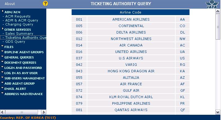 OTHER SERVICES Ticketing Authority Query Ticketing Authority Query Ticketing Authority: 항공사에서대리점에게해당항공사의항공권을발권할수있도록허가하거나제한하는기능