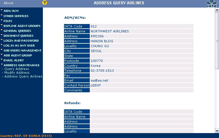 ADDRESS MAINTENANCE Address Query Airlines Address