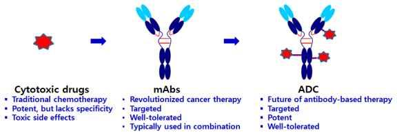 항암제파이프라인 n 차세대 ADC 원천기술레고켐바이오의항암제파이프라인가운데가장주목해야할기술은차세대 ADC(Antibody-Drug Conjugate) 원천기술로판단된다. ADC는단일항체의약품의 항암세포선택성 과항암제의탁월한 항암세포살상능력 결합을통해치료범위 (therapeutic window) 확장을기대할수있는기술이다.