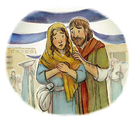 어린이 마리아와요셉은예수님을찾기위해다시시내로급히돌아갔어요. 그들은성전에서예수님을찾았어요.