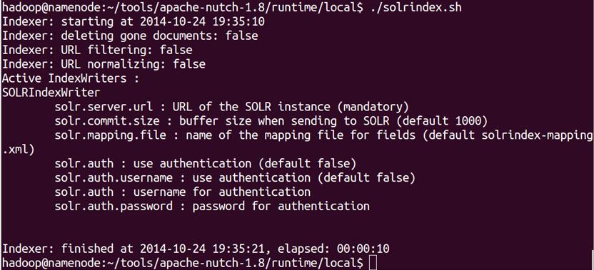 Nutch 1.7 실행결과 Fig. 8 Nutch 1.7 Run Result 4.3. Solr 인덱싱과검색 Nutch로크롤링한데이터는 Solr를사용하여인덱싱할수있다. Solr를사용하여인덱싱을진행하는화면은그림 9와같다. 그림 9.