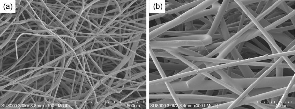 410 권남희 정원영 최영옥 유의상 Textile Science and Engineering, 2017, 54, 403-411 Figure 11. Surface morphology of thermal-bonded nonwoven fabrics with 50% LM-PET; (a) 100 and (b) 300.