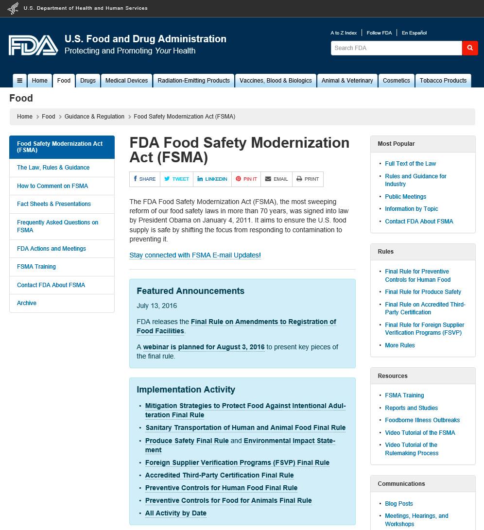 제 5 회국민생활과학기술포럼 식중독예방 발제자료 1 미국 FDA 의식품안전현대화법 (Food Safety Modernization Act, FSMA) 2009 년 6 월미국의회에서식품안전관련법규를제출하였고승인됨 2011 년 1