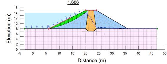 Fig. 7-3. A rigid body motion of the model dam at the 11.72 sec of earthquake shaking Fig. 7-4. A Newmark type deformation analysis of the model dam 7.2.2 동적물성민감도분석 등가선형지진동해석에서사용되는가장주요한동적물성은전단파속도주상도에서얻어지는최대전단탄성계수 (G max ) 와전단탄성계수및감쇠비의전단변형율에따른변화곡선이라할수있다.