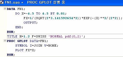 30 Chapter 4. SAS 함수 사용된다. 그러므로관측치개수는 90개이다. X-축구간을매우작게잡았기때문에 PROC GPLOT에서 I(interpolation) 옵션을 JOIN( 점들을연결 ) 으로사용해도그래프가 smooth 하다. 만약 X-축의구간을 0.5로잡았으면 I=SPLINE을사용하면그래프가곡선화된다.