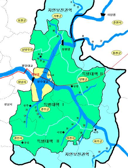 5. 특별대책지역현황도 팔당호현황도 자연보전권역 상수원보호구역 천안 2 리 권역 Ⅱ 권역 특별대책지역 1 권역 권역 Ⅱ