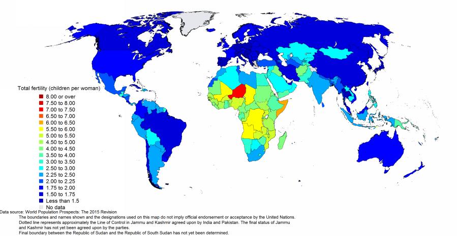 제 2 장국제인구변동의동향과특징 23 그림 2-1 국가별합계출산율 (TFR) 분포 (2015~2020 년 ; 중위전망치 ) 자료 : United Nations. (2017a). Total fertility, medium projection, 2015 2020. https://esa.un.org/unpd/wpp/maps 에서 2017. 3. 28. 인출.