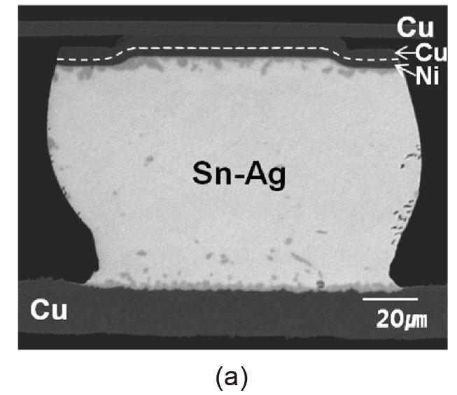 그림 1(a) 는 Sn-Ag 솔더범프시편의단면구조모식도이고, 전류인가실험을위해그림 1(b) 와같이 daisy chain 구조로제작하였다. 상부칩부분인 Si wafer에씨앗층인 TiW와 Cu를각각 0.1 μm, 0.2 μm두께로스퍼터증착한후, 5 μm두께의 Cu 배선을전기도금으로형성한후, 스핀코팅을이용하여 5 μm두께의 passivation층을형성시켰다.