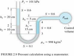문제서술. 마노미터 (manometer): 유체의연속선에의해연결된두지점사이의압력차이를측정하는간단한장치. 그림에서보여주는마노미터관은세가지의비압축성유체들로가득차있다. 관의닫힌끝은일정한압력의저수지와연결되어있다.