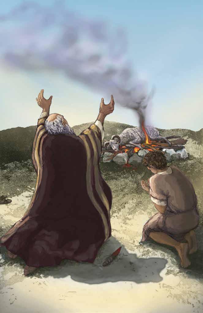 장면 32 예표와예언들 하나님께서죽기로되어있던아브라함의아들을어떻게구해주셨나요? 하나님께서흠없고, 죄없는동물을준비하셔서그대신죽게하셨어요. 아브라함이눈을들고보니숫양한마리가덤불에뿔이걸려있었습니다.