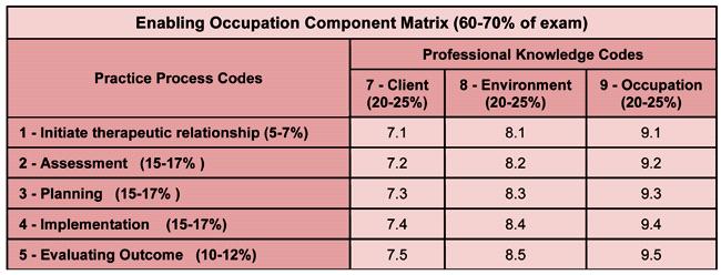 [ 그림 Ⅲ-6] Enabling Occupation 시험영역 (60-70%) 의 Matrix (CAOT, 2007) 임상작업치료사의수행수준은입문, 중간, 고급의세가지로나눈다 (O'Brien, 2012)( 표 Ⅲ-83). 입문수준은기초수준으로기술개발이필요한단계이고중간수준은전문성이시작되는단계로자율성이증가된다.