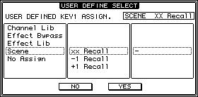 232 19 장 기타기능 3 커서를 1~8 파라미터박스중하나에놓은후 [ENTER] 를누릅니다. 01V96은기능을선택한버튼에할당할수있는 User Define Select 창을표시합니다. 4 커서를왼쪽열에놓은후파라미터휠을돌리거나 [INC]/[DEC] 버튼을눌러할당하려는기능을선택합니다. 점선테두리에기능이표시되면해당기능이선택됩니다.