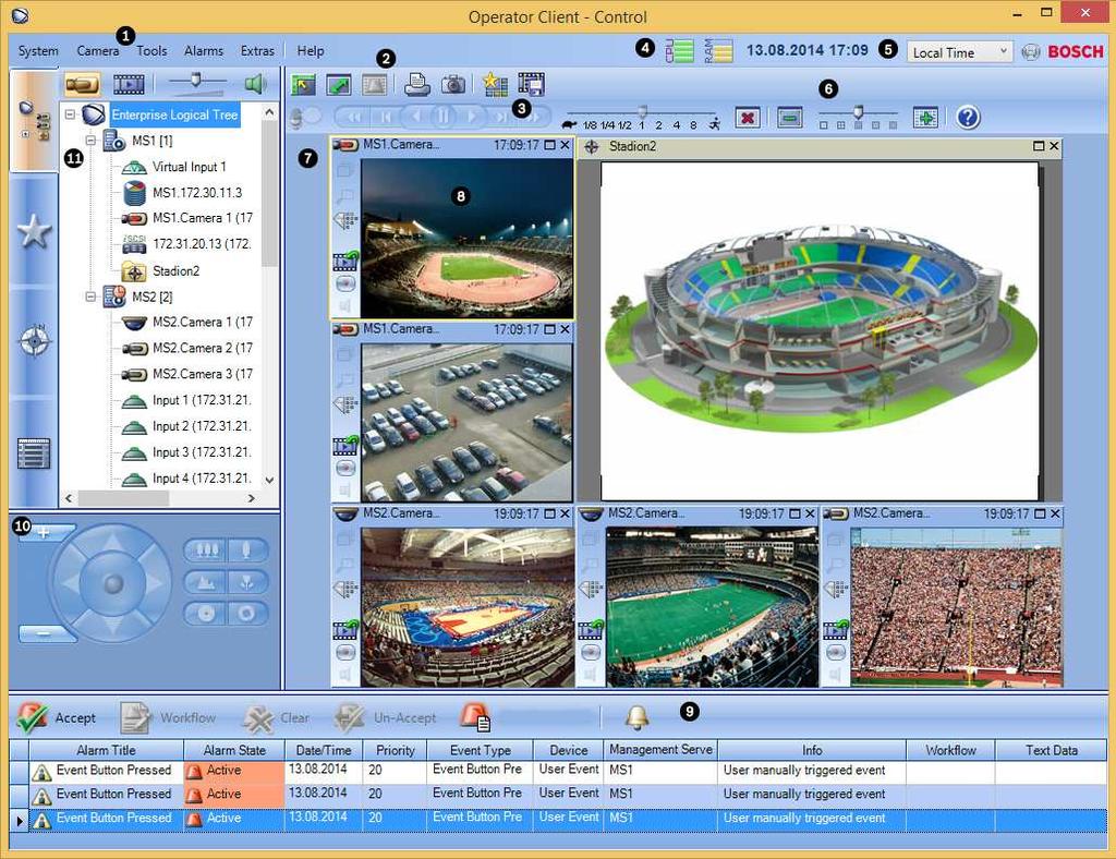 98 ko 사용자인터페이스 Bosch Video Management System 1 메뉴바 메뉴명령을선택할수있습니다. 2 도구모음 사용가능한버튼이표시됩니다. 아이콘에마우스를올려놓으면툴팁이표시됩니다.