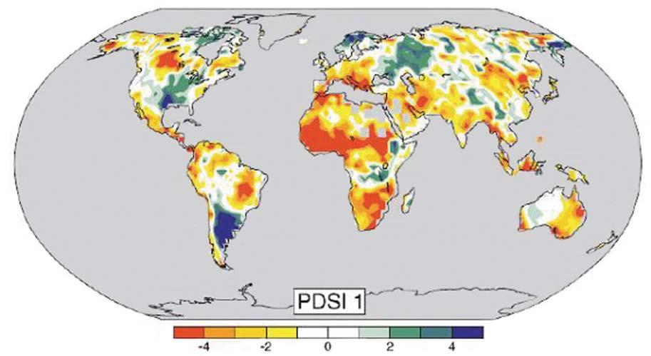 Ⅰ. 기후변화, 과거그리고미래 그림 1-10 [1900~2002 년기간에팔머가뭄지수 (PDSI) 의공간패턴 ] * 자료 : 기후변화 2007 - 과학적근거, 기상청 열파 9), 가뭄, 홍수, 허리케인등극단적현상의변화 지난 50 년동안추운낮과밤, 서리의발생빈도는대부분의육지에서감소하였다.