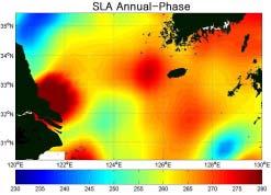 7 Power Spectral Density of SLA at station b 3) SLA and SST 의조화분해 제주도주변해역의계절변화를보기위하여해수면편차와해수면온도대한조화분석결과 ( 연진폭,