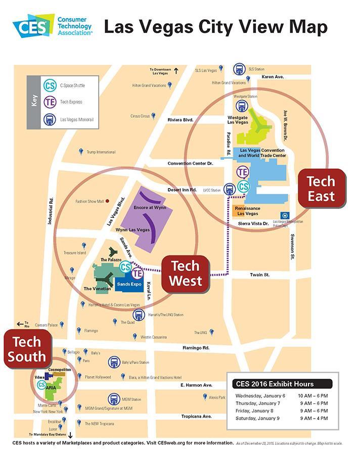 CES 2016 Exhibit Map North Halls: 자동차외 Toyota, Chevrolet, Kia Motors, Ford, Delphi Volkswagen, Audi, Bosch, Dalmler, DENSO 등 Tech East (Main) Central Halls: 전기전자외 Samsung, LG Elec.