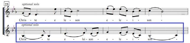 아리랑선율을사용한창작합창곡의전통적요소에관한연구 63 < 악보 16> < 키리에 > 의경토리음계 ( 마디 23-26) < 글로리아 (Gloria)>