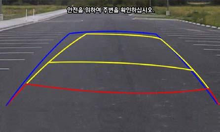 카메라기능안내 주의 화면에보이는거리와실제거리간에다소차이가있습니다. 안전을위하여반드시후방및좌 우시야를직접확인하십시오. 화면에표시되는주차가이드라인의색상은실제화면과차이가있을수있습니다. 부팅이완료되면 UI 가포함된화면으로전환하는과정에서깜빡임이발생할수있습니다.