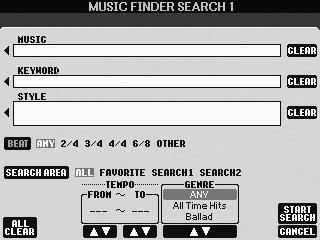 원하는스타일을선택한후 [EXIT] 버튼을눌러 Search 화면으로돌아갑니다. 입력된스타일을지우려면 [H] (CLEAR) 버튼을누릅니다. [D] BEAT 검색할박자를지정합니다. ANY를선택하면모든 비트설정이검색에포함됩니다. [E] SEARCH AREA 검색할특정위치 (MUSIC FINDER 화면상단의탭 ) 를선택합니다.