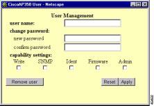 관리자권한부여설정 단계 3 Add New User 를클릭하십시오. User Management 윈도우가나타납니다. 그림 4-16 은 User Management 윈도우를보여주고있습니다. 그림 4-16: User Management 윈도우 단계 4 새로운사용자의이름과암호를입력하십시오. 단계 5 새로운사용자에게부여하고자하는권한을선택하십시오.