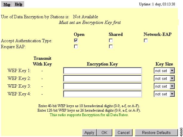 WEP 설치 WEP 설치 WEP 를설치하려면 AP Radio Data Encryption 페이지를사용하십시오. 또한액세스포인트에대한인증유형을선택하려면 AP Radio Data Encryption 페이지를사용하십시오. 그림 4-6 은 AP Radio Data Encryption 페이지를보여줍니다.