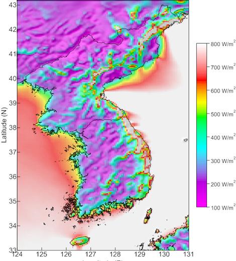 제 3 장북한재생에너지개발현황과의의 47 북한전지역의고도 50m 기준, 연평균풍력밀도는 58.6W/m 229) 이며, 풍속이초당 4.