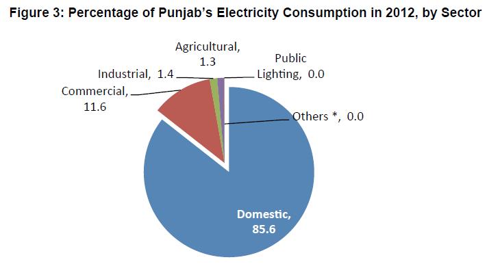 ㅇ Punjab 의전력소비비율 ㅇ Punjab 의대부분의전력수요는가정에서사용 ㅇ Punjab 내발전량의 70% 는중유, 디젤, 천연가스를이용한화력발전, 21% 는수력발전, 나머지 9% 를 Chashma 원자력발전소에서생성 출처 : Authors ' calculations