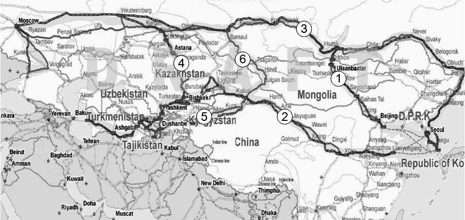 특집 1 인터모달리즘을활용한유라시아교통물류네트워크구축전략 Operationalization of International Intermodal Transport Corridors in the North-East and Central Asia 그림 2 UNESCAP 의인터모달 6 대회랑추진계획 ( 09.