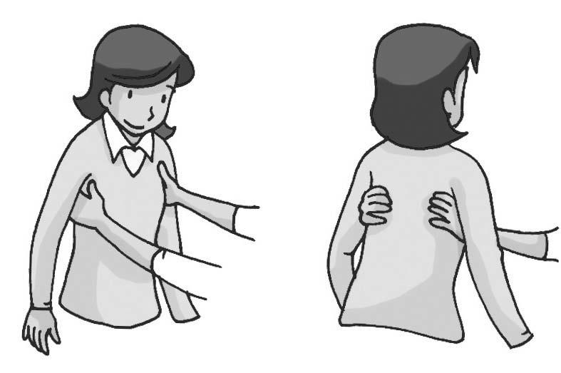 셋째, 활동보조인과이용자의체격차이에따라팔을사용하는방법은다양하다. 일반적으로두손을겨드랑이밑에넣어받쳐주는것이기본이지만한손만을사용하는경우도있다. 또이용자를세워지지하기위해서는손가락끝관절까지의힘을모두활용한다.