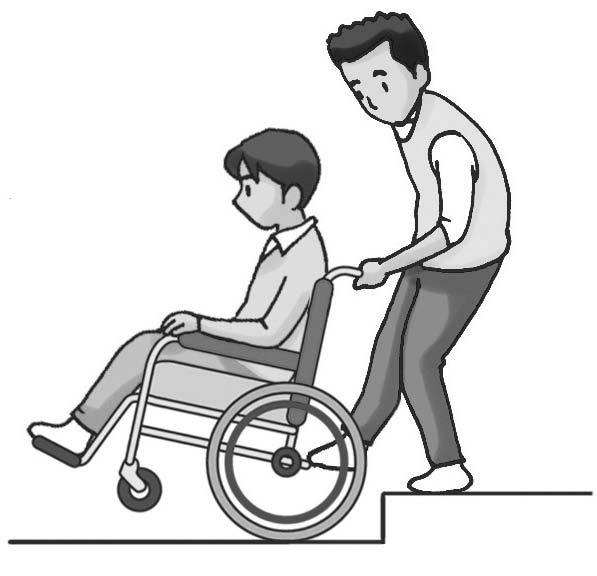 장애인과함께하는활동보조인양성교육과정 휠체어를돌려뒷바퀴를턱가까이정렬한다음누름대를눌러앞바퀴를든다. 턱위에올라서서손잡이를힘껏당겨뒷바퀴를턱위로당겨올린다. [ 그밖의턱넘기 ] 턱은높이뿐만아니라폭의넓이도다양해서경험을통해넘기의요령을익혀야하는경우가많다.