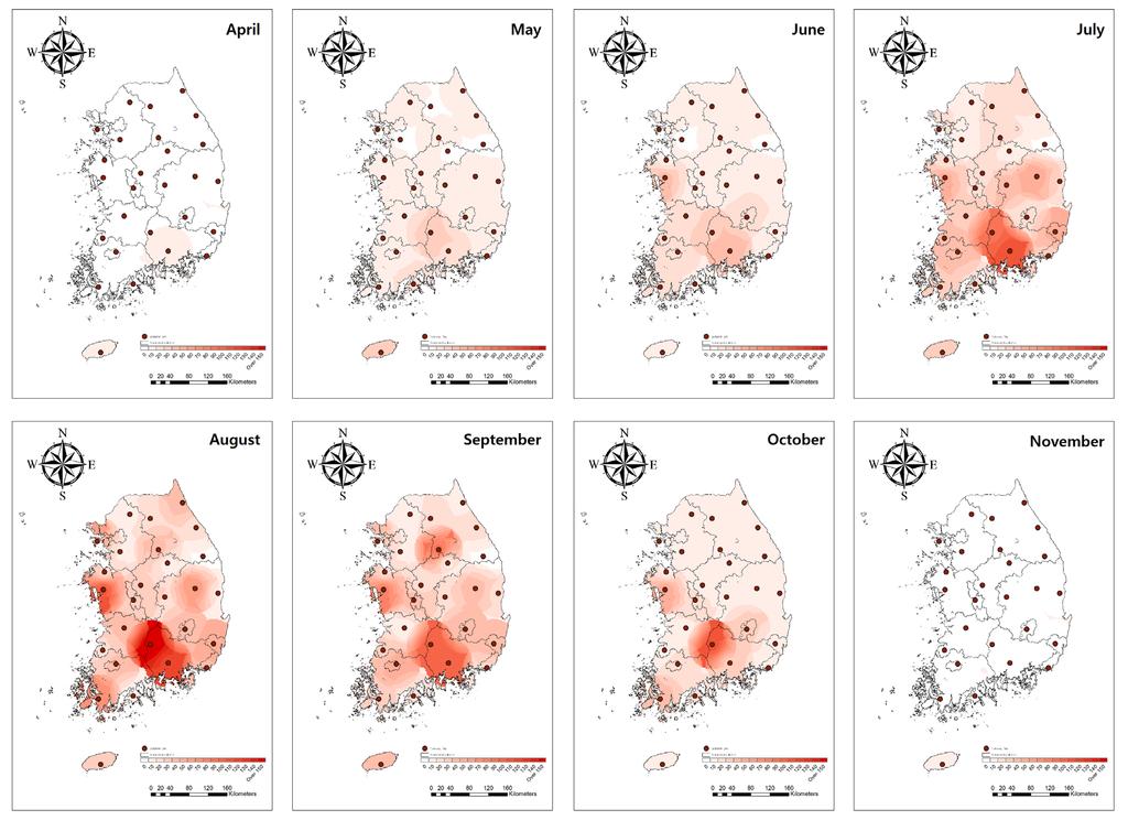 주간 건강과 질병 제11권 제15호 Figure 6. Monthly geographical distribution of Aedes albopictus in Korea 월별 채집밀도 분석 결과, 전체 모기는 6월과 8월에 높게 조금씩 차이를 보였다(Figure 6). 채집되었으나 9월부터 지속적으로 감소하였다.
