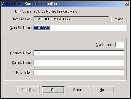 9. sample Analysis sample information 을작성한다. Data File Path : 저장위치를지정한다. Data File Name : 저장하고자하는파일의이름을지정한다.