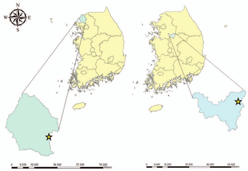 Korean Journal of Remote Sensing, Vol.28, No.4, 2012 (a) (b) Fig. 1. Geographical location at study sites. (a) Seolmacheon b) Cheongmicheon). Table 1.