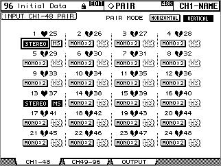 Channel Pairing 121 2 (Pair), PAIR MODE HORIZTAL VERTICAL, [ENTER]. (Pair), (pairing). Input Channel 1-48 Input Channel 49-96 (pair). Input Channel 1-48 (pair) (Vertical).
