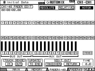 170 17 (Automix) (Fader Edit) Fader Edit( ), (Fader Edit). CH1-48 Fader Edit Input Channel 1-48 Bus Out, Aux Send, Stereo Out. CH49-96 Fader Edit Input Channel 49-96 Bus Out, Aux Send, Matrix Send.