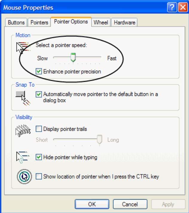 2. Windows XP / Windows Server 2003: A. 마우스성능다이얼로그박스를엽니다. ( 제어패널 마우스 ) B. Pointer Option 탭을클릭합니다. C. 마우스속도를가운데에맞춥니다. ( 왼쪽부터 6 번째 ) D. Enhance Pointer Precision 을비활성화시킵니다. 3.