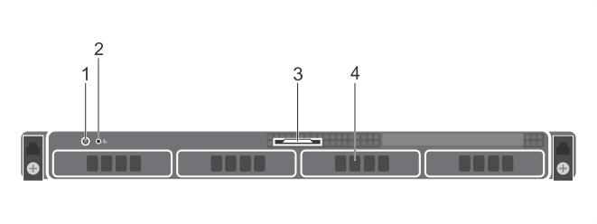 전면패널기능의 4 x 3.5 인치케이블연결된하드드라이브섀시 그림 4. 전면패널기능의 4 x 3.5 인치케이블연결된하드드라이브섀시 1. 전원단추 2. 진단표시등 3. 정보태그 4. 하드드라이브 표 3. 전면패널기능의 4 x 3.5 인치케이블연결된하드드라이브섀시 항목표시등, 단추또는커넥터아이콘설명 1 전원단추 시스템을켜거나끄려면전원단추를누릅니다.