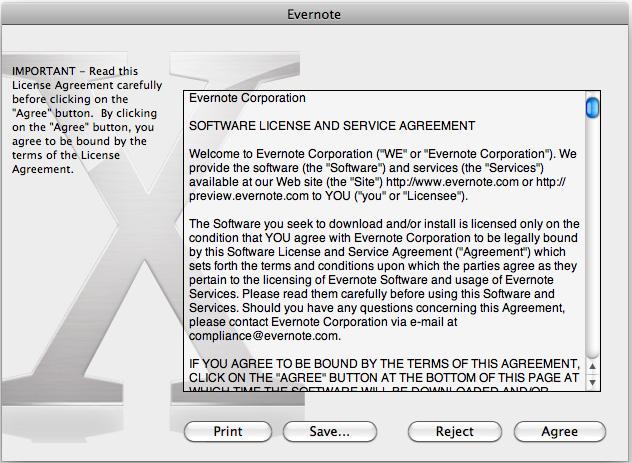 Mac OS 에서의설치 5. 계약에동의하려면, [Agree] 버튼을클릭합니다. Mac 용 Evernote 설치윈도우가표시됩니다. 6.